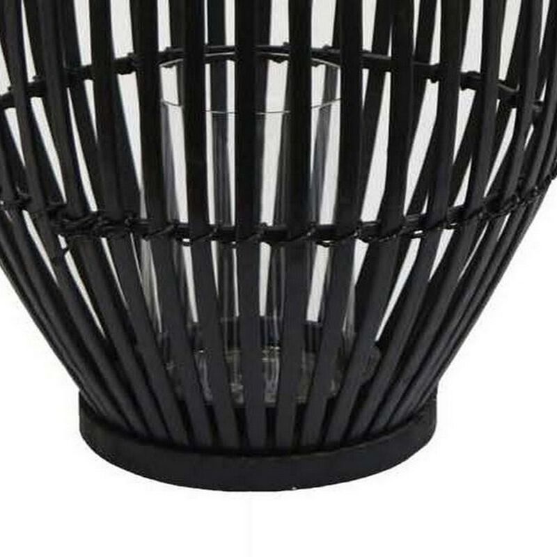 Gyna 30 Inch Modern Tabletop Lantern, Woven Cylindrical Decoration, Black - Benzara
