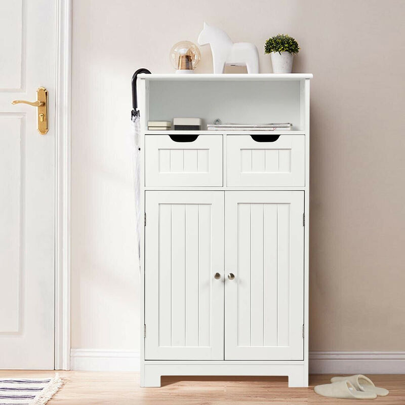 Costway Bathroom Floor Cabinet Wooden Storage Organizer Side Cabinet W/2 Drawer 2 Doors