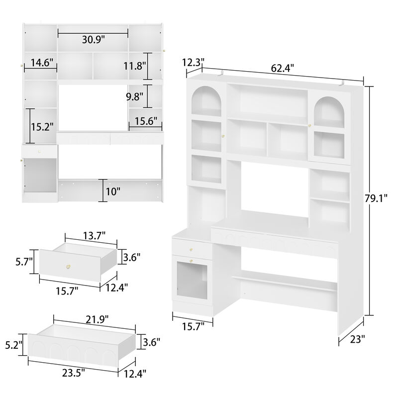 62.4 in. W 2 in. 1 Wood Computer Desk White Writing Desk 79.1 in. Tall Bookshelf, -Drawers, Door Cabinet Home Office