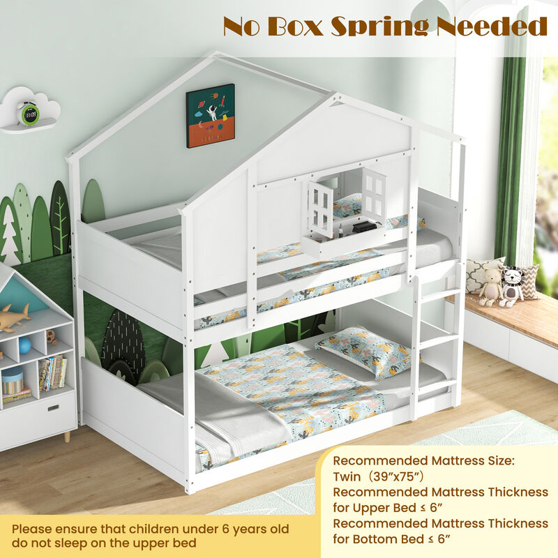 Bunk Bed for Kids with Roof and Lockable Window