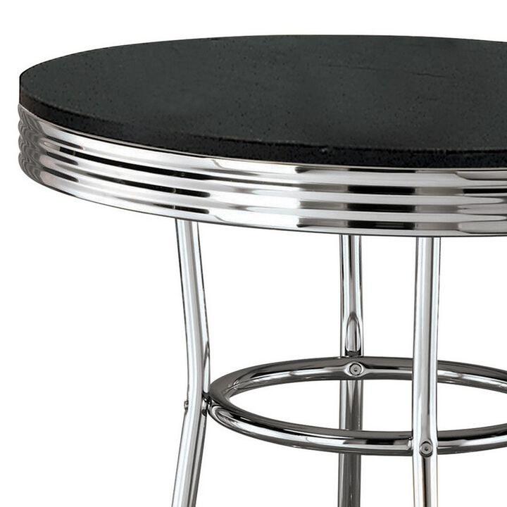 42 Inch Round Bar Table, Ribbed Apron, Glossy Black Lacquer, Retro Style - Benzara