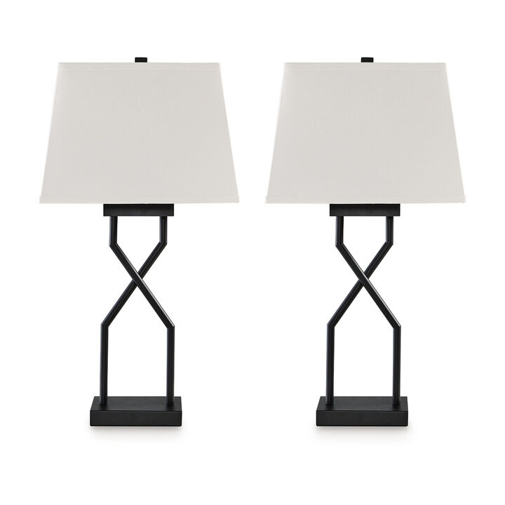 Table Lamp Set of 2, Empire Fabric Shade, Black Geometric Base w USB - Benzara