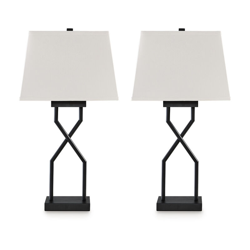 Table Lamp Set of 2, Empire Fabric Shade, Black Geometric Base w USB - Benzara