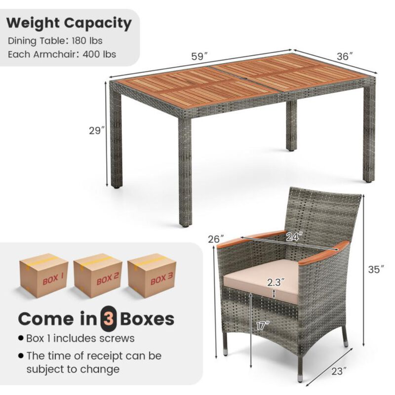 Hivvago 7 Pieces Patio Acacia Wood Cushioned PE Rattan Wicker Dining Set