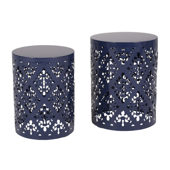 Kemo Outdoor End Table Set of 2, Round Top, Cutout Design, Navy Blue - Benzara