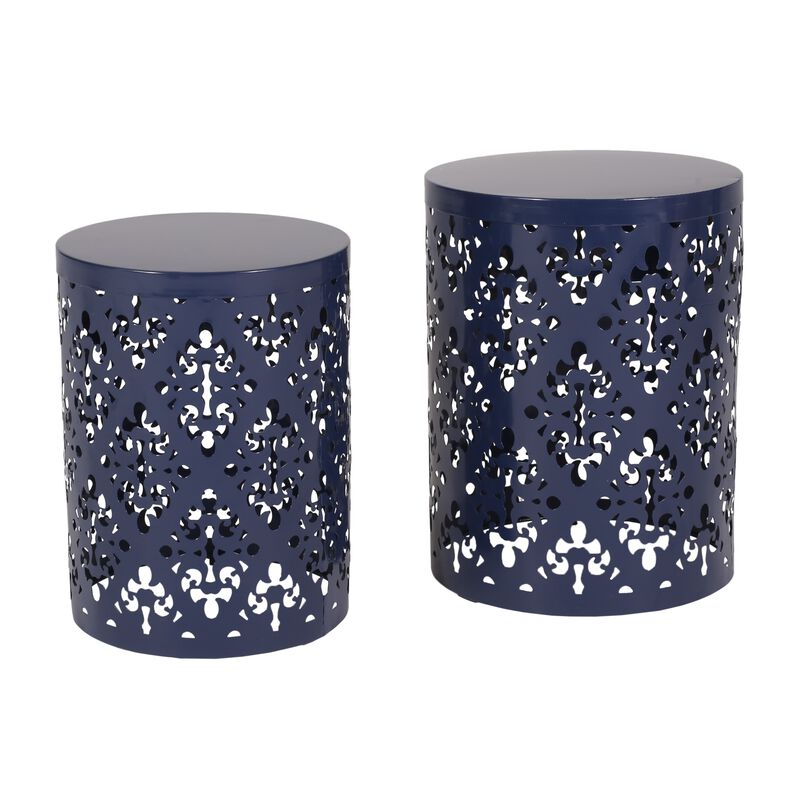 Kemo Outdoor End Table Set of 2, Round Top, Cutout Design, Navy Blue - Benzara