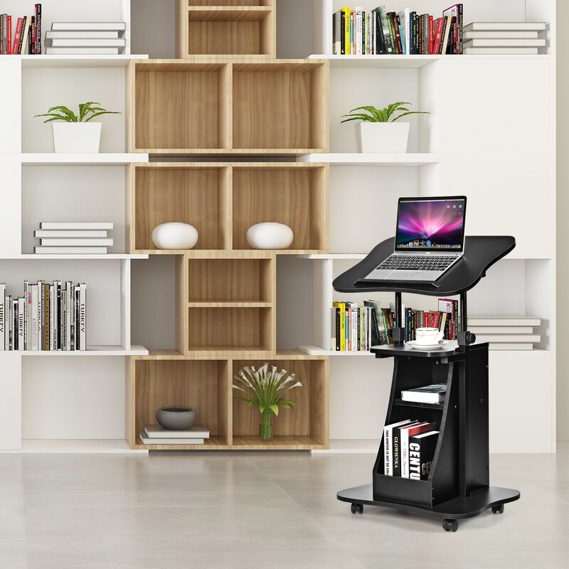 Mobile Podium Stand Height Adjustable Laptop Cart with Tilting Tabletop and Storage Compartments