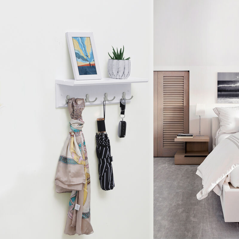 Entryway Hanging Coat Rack, with 4 Double Hooks, Wall Floating Shelf, White