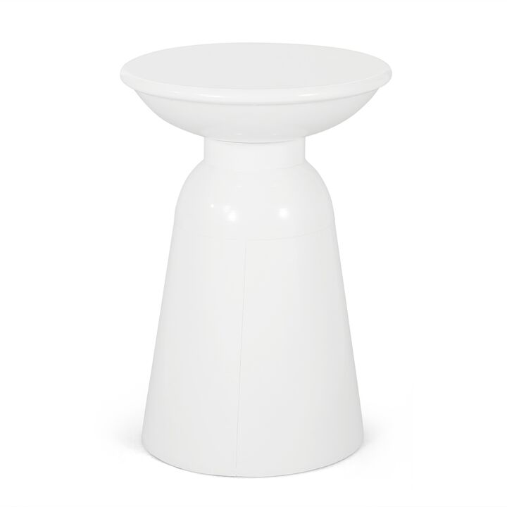 Suma Outdoor End Table, Round 15 Inch Top, Pedestal Base, White Iron - Benzara