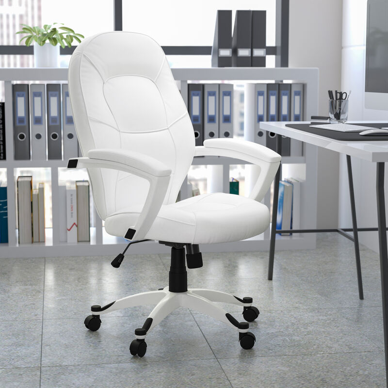 Quincey Mid-Back White LeatherSoft Tapered Back Executive Swivel Office Chair with White Base and Arms