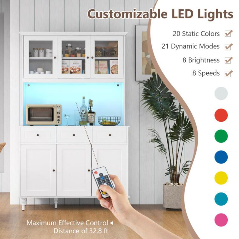 Hivvago 77 Inches Kitchen Pantry Storage Cabinet with LED Lights and Power Outlets-White