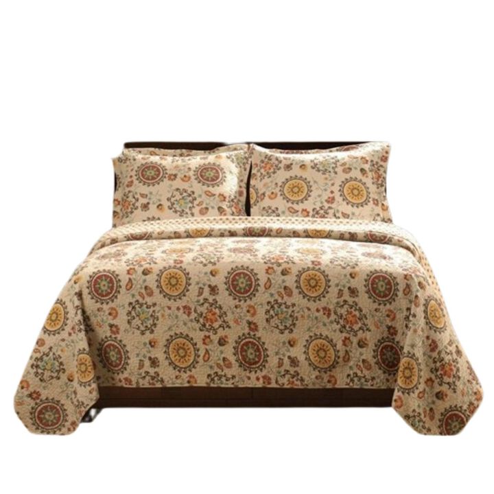 Hivvago King Retro Moon Shaped Floral Medallion Reversible 3 Piece Quilt Set