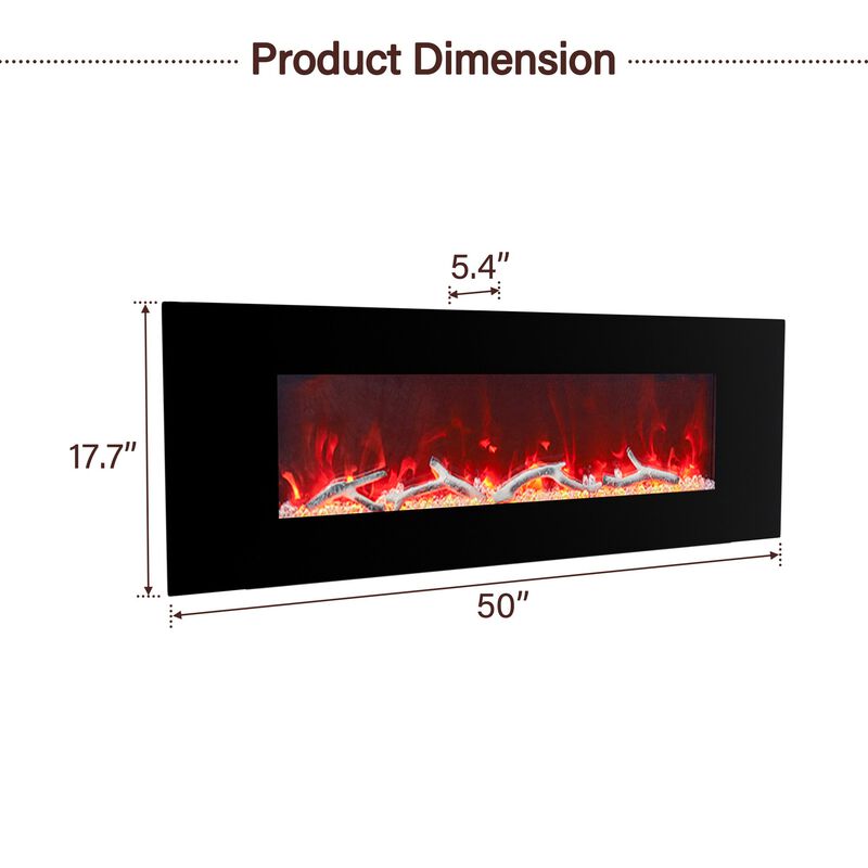 50 Inch 1500W Wall-Mount Fireplace with Multicolor Flame