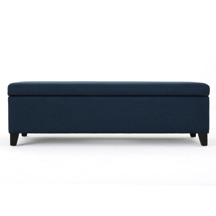 Harry Storage Ottoman Bench, Navy Blue Fabric 51 Inch Solid Birch Wood -Benzara