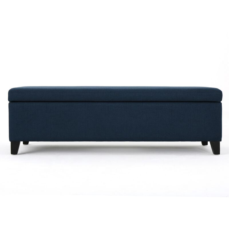 Harry Storage Ottoman Bench, Navy Blue Fabric 51 Inch Solid Birch Wood -Benzara