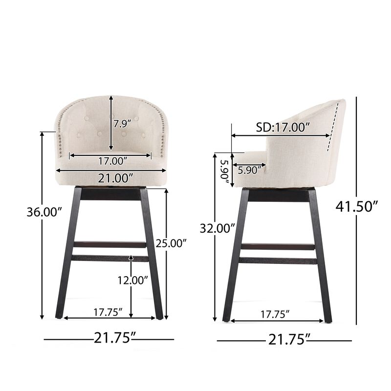 Barstool Chair Set of 2, Oval Shaped Fabric Cushion, Soft Beige Fabric - Benzara