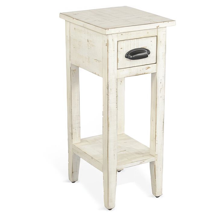 Rena Chairside Table, Drawer and Shelf, 14 Inch White Mahogany Wood - Benzara