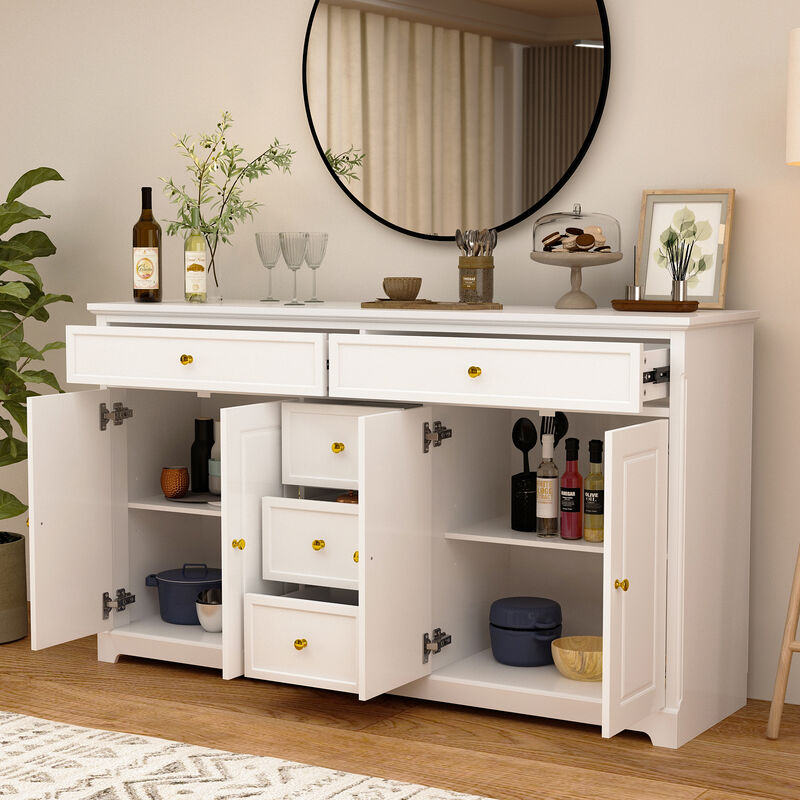 White Wooden Sideboard with 2 Large Drawers, 3 Small Drawers and 2 Cabinets 59.1 in. W 33.5 in. H x 15.7 in. D