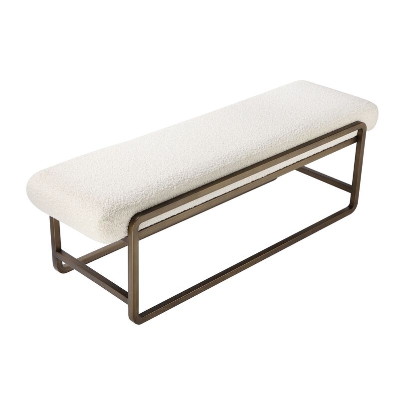Loer 54 Inch Modern Accent Bench, Ivory Boucle Upholstery, Sled Brass Legs - Benzara