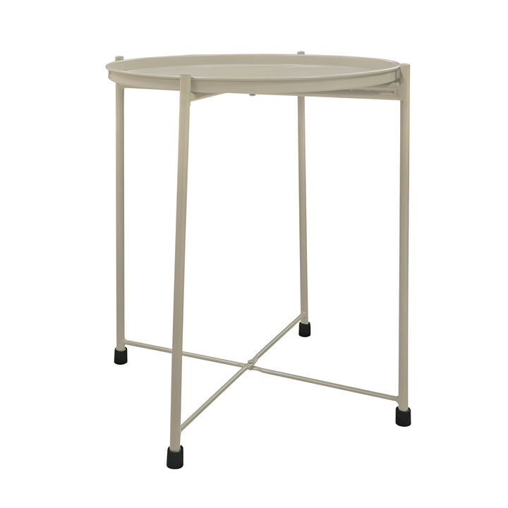 18 Inch Modern Side End Table, Round Metal Tray Top, Foldable Legs, Beige - Benzara