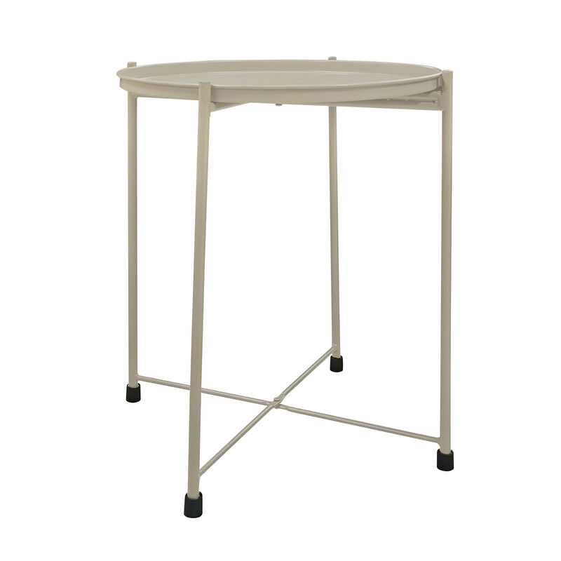 18 Inch Modern Side End Table, Round Metal Tray Top, Foldable Legs, Beige - Benzara