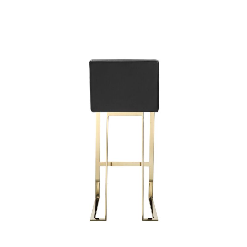 Boly 30 Inch Barstool Chair, Cushioned Black Faux Leather, Gold Cantilever - Benzara