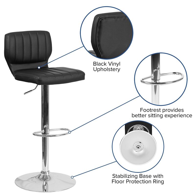 Flash Furniture Contemporary Black Vinyl Adjustable Height Barstool with Vertical Stitch Back and Chrome Base