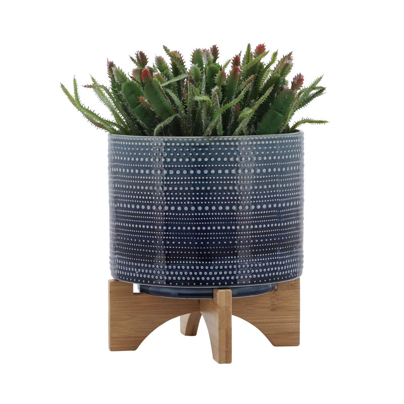8" Dotted Planter with Wood Stand, Blue