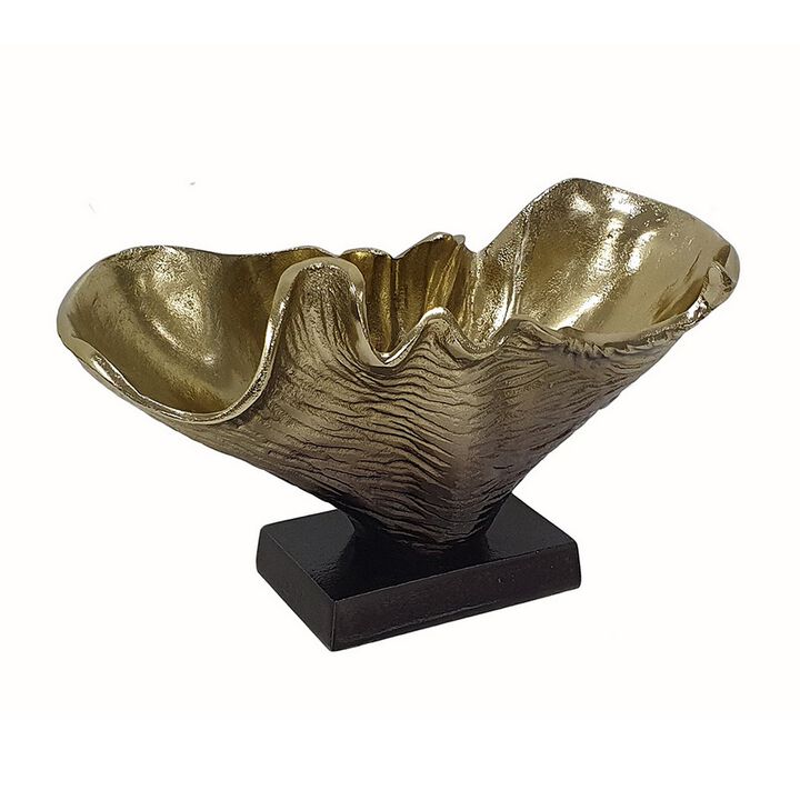 15 Inch Curved Shell Decorative Bowl, Aluminum, Square Base, Gold and Black - Benzara