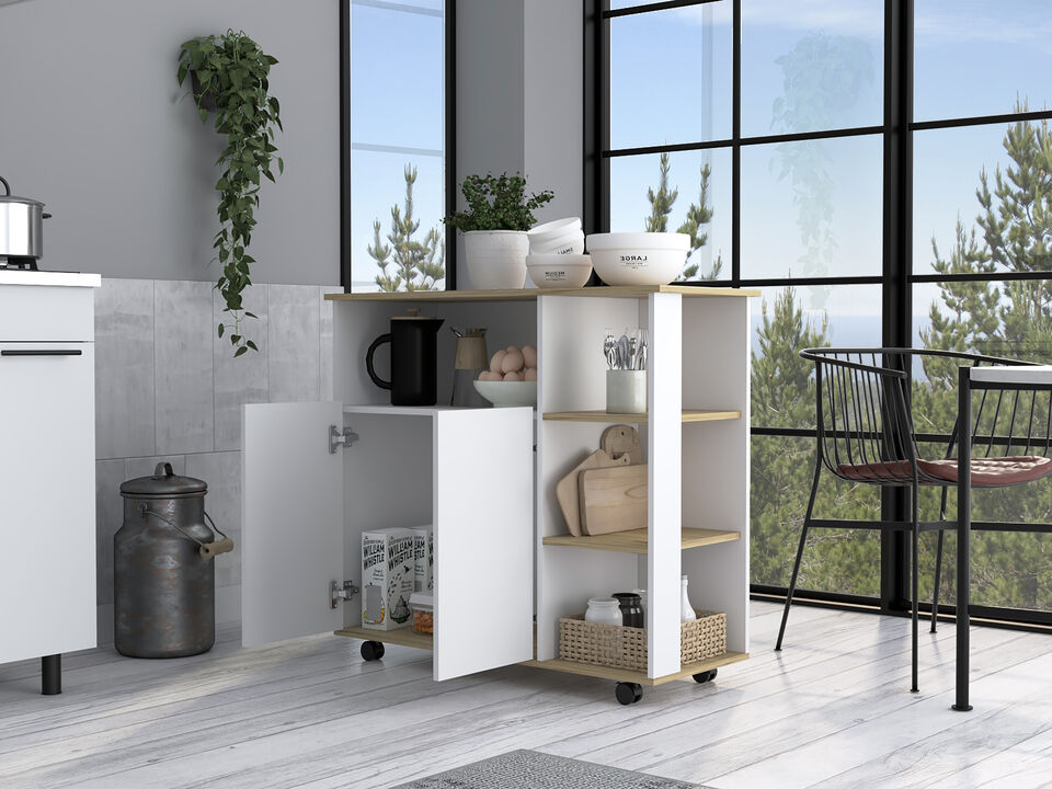 DEPOT E-SHOP St. Thomas Kitchen Cart, Four Open Shelves, Double Door Cabinet, Four Casters, Light Oak / White