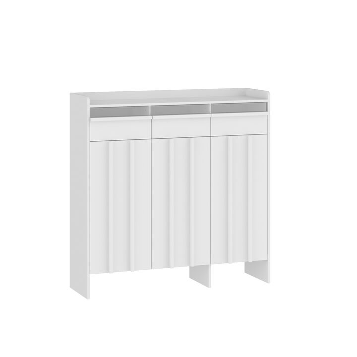 FUFU&GAGA Modern White Shoe Cabinet – 3 Drawers, 3 Doors, Acrylic Panel Design, MDF Entryway Storage (47.2" W x 13.8" D x 47.2" H), White
