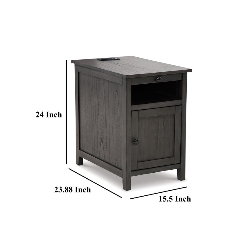 Gena Side End Table, Shelf and Pull Out Tray, Gray Solid Wood 24 Inch - Benzara