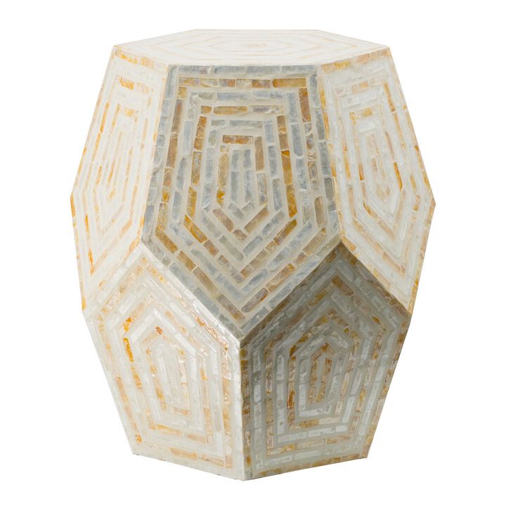 21 Inch Capiz Accent Stool Table, Hexagonal Drum, Angled Look, Beige White - Benzara