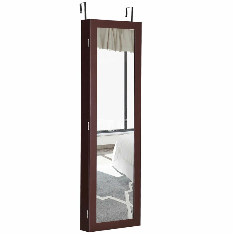 Full Length Mirror Jewelry Cabinet with Ring Slots and Necklace Hooks-Brown