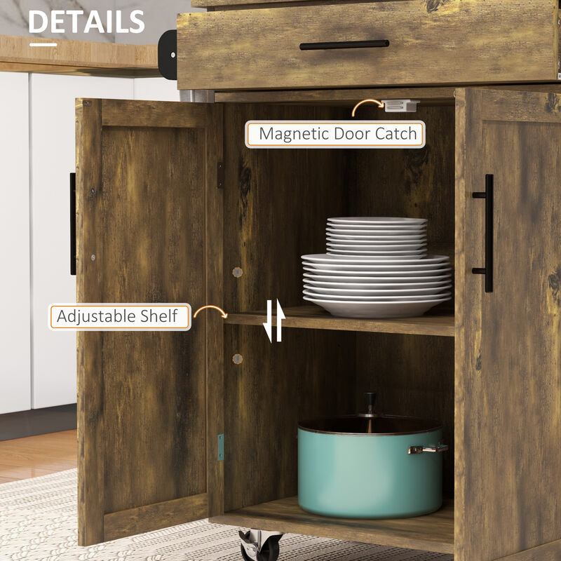Wooden Indoor Moving Microwave Cart with Interior Cabinet & Towel Rack