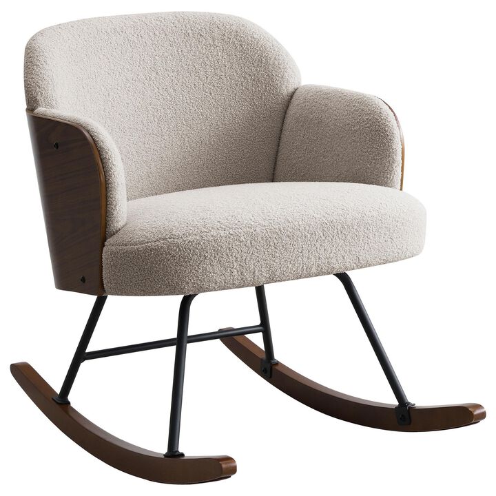 Perry Accent Rocking Chair, Modern Walnut Brown Bentwood, Beige Boucle - Benzara