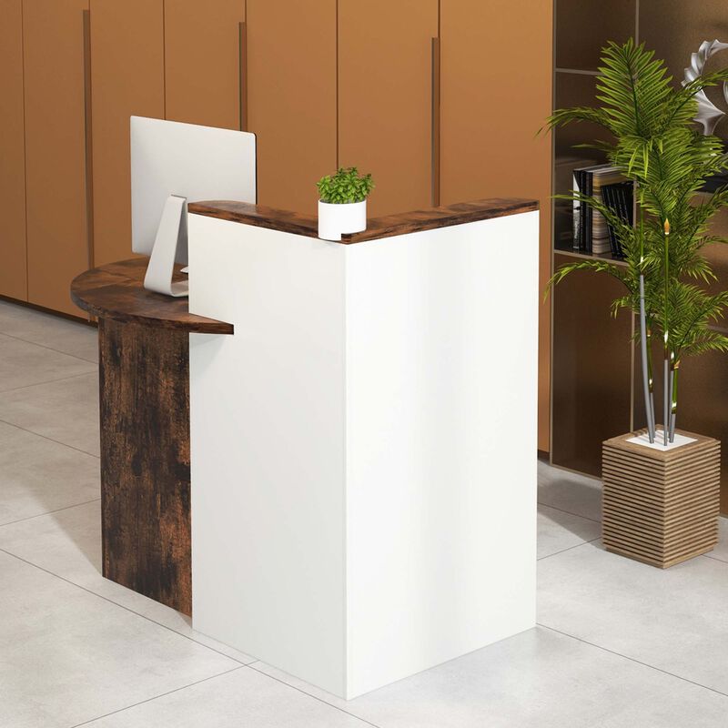 Costway Front Reception Counter Desk Checkout Office Desk with Open Shelf & Lockable Drawer