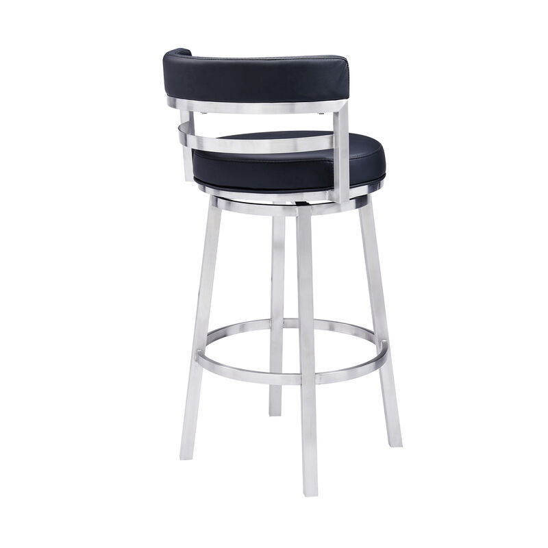 Eva 30 Inch Padded Swivel Bar Stool Chair, Steel Finish, Black Faux Leather-Benzara