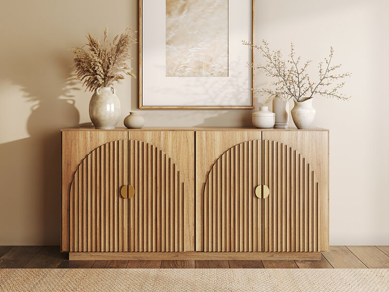 BELLEZE 65 Inch Fluted Buffet Cabinet with Storage, Symmetrical Arc Accent Sideboard Large Console Table for Dining Room, Kitchen, and Living Room (Caramel Brown)