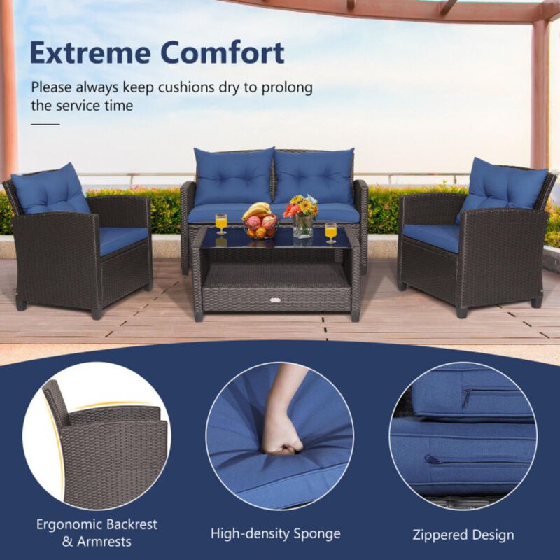 Hivvago 4 Pieces Patio Rattan Furniture Set with Tempered Glass Coffee Table