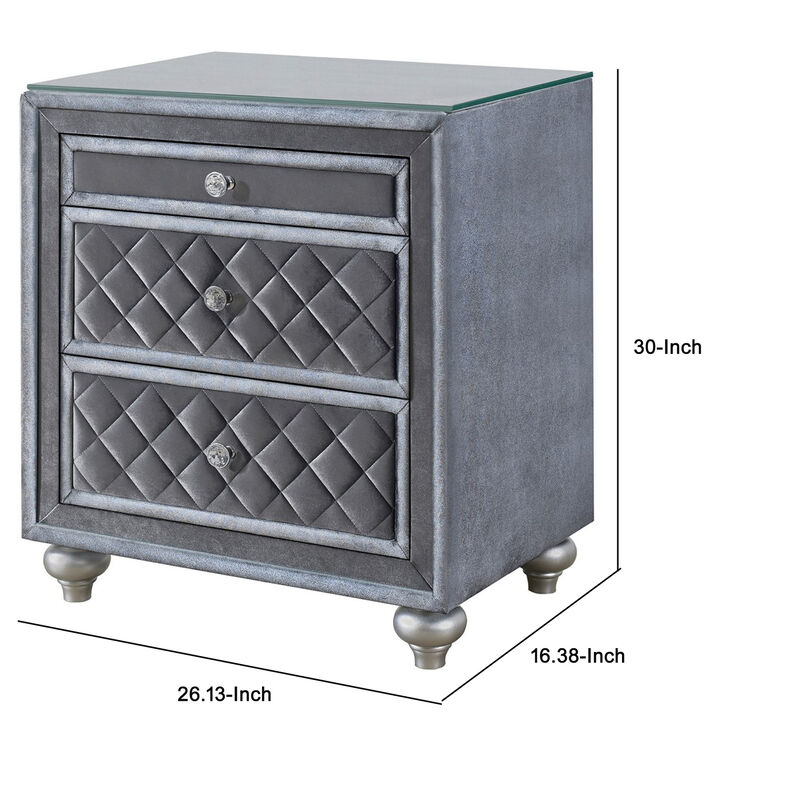 Yin 30 Inch 3 Drawer Nightstand, Glass Top, Crystal Knobs, Gray Velvet-Benzara