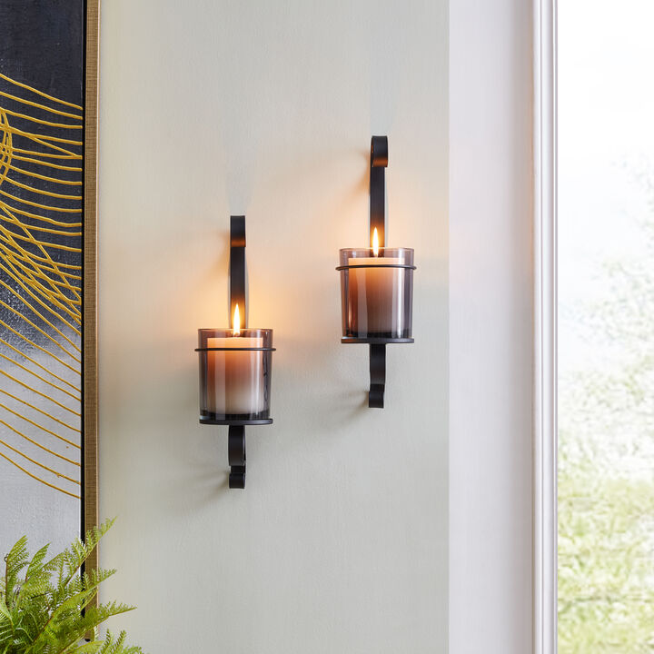 Danya B. Vintage Black Wall Sconce Candle Holder Set (2) with Smoke Glass Hurricanes