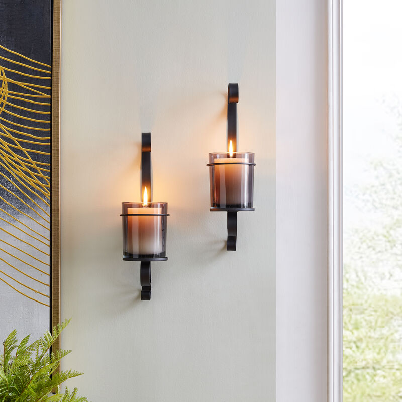 Danya B. Vintage Black Wall Sconce Candle Holder Set (2) with Smoke Glass Hurricanes
