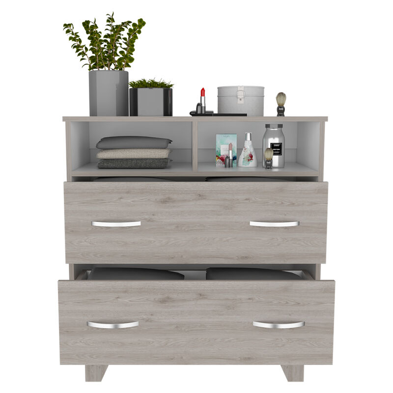 DEPOT E-SHOP Stamford Two Drawer Dresser, Four Legs, Two Open Shelves, Superior Top, Black