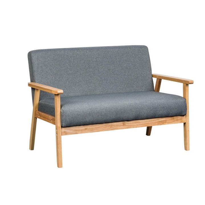 Gala 3 Piece Loveseat and Chair Set, Gray Fabric, Natural Brown Wood Frame