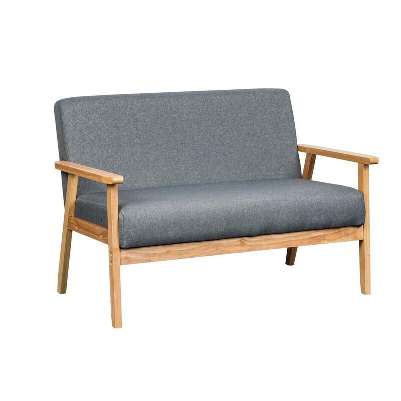 Gala 3 Piece Loveseat and Chair Set, Gray Fabric, Natural Brown Wood Frame