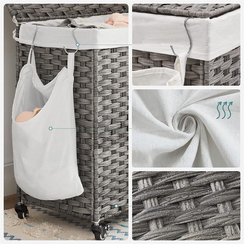 Gray Rattan-Style Laundry Basket, 140L with 3 Compartments, Lid, and Removable Liner
