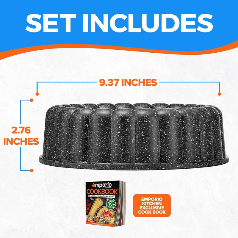Baking Pan - Two-Layered Nonstick Gray Marble Coating, DieCast Aluminum Fluted Cake Pan, Oven Safe (Up To 450° F), PFOA, PFOS, and PTFE Free, Recipe Booklet Included, Classic Pan, Gray