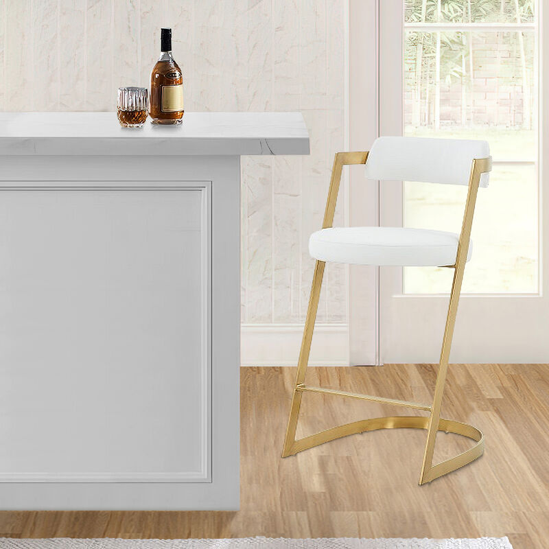 26 Inch Counter Stool, Gold Cantilever Base, White Vegan Leather-Benzara
