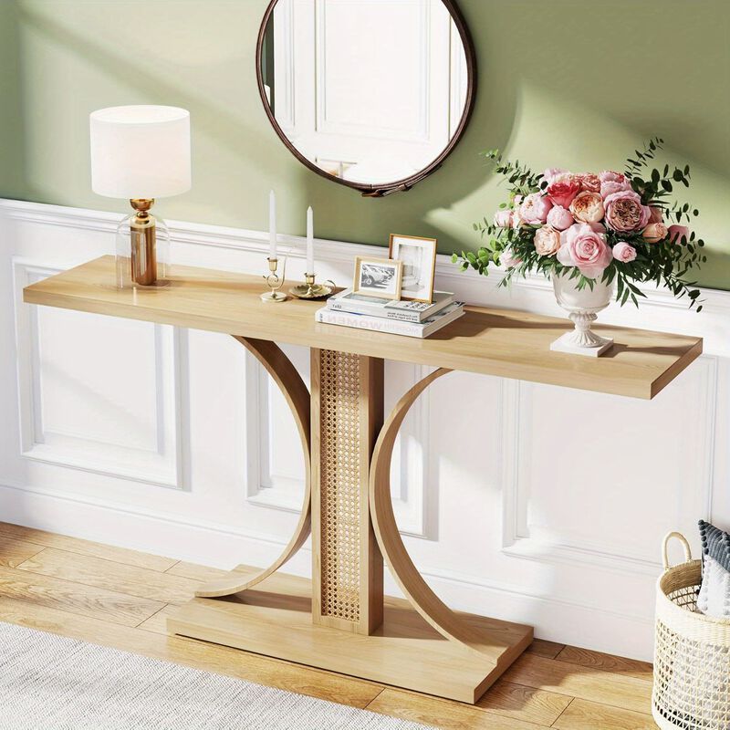 55 inch rattan entrance table, farmhouse corridor table, wooden entrance table, narrow sofa table, can be placed in corridors, lobbies, behind sofas, living rooms, corridors